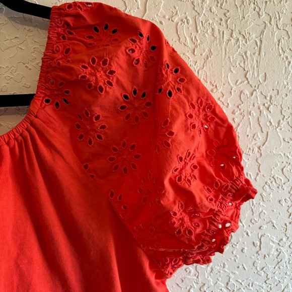 J. Crew Pullover Top Size Large Orange Cotton Embroidered Eyelet Puff Sleeve - Picture 4 of 7